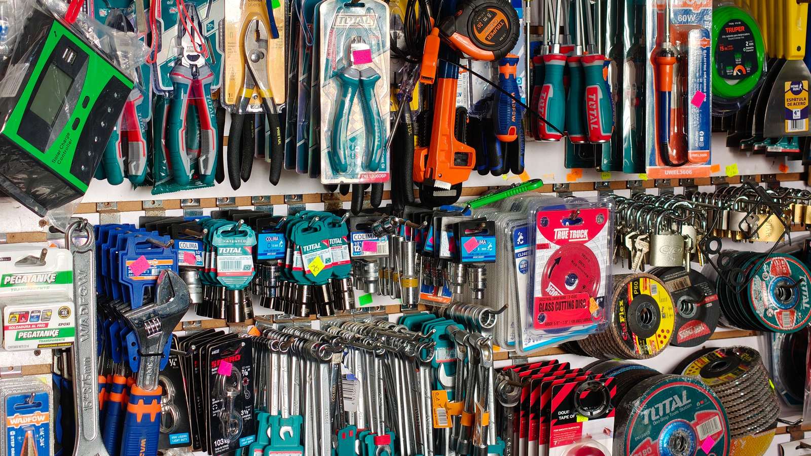 Wall of hand tools in a hardware store